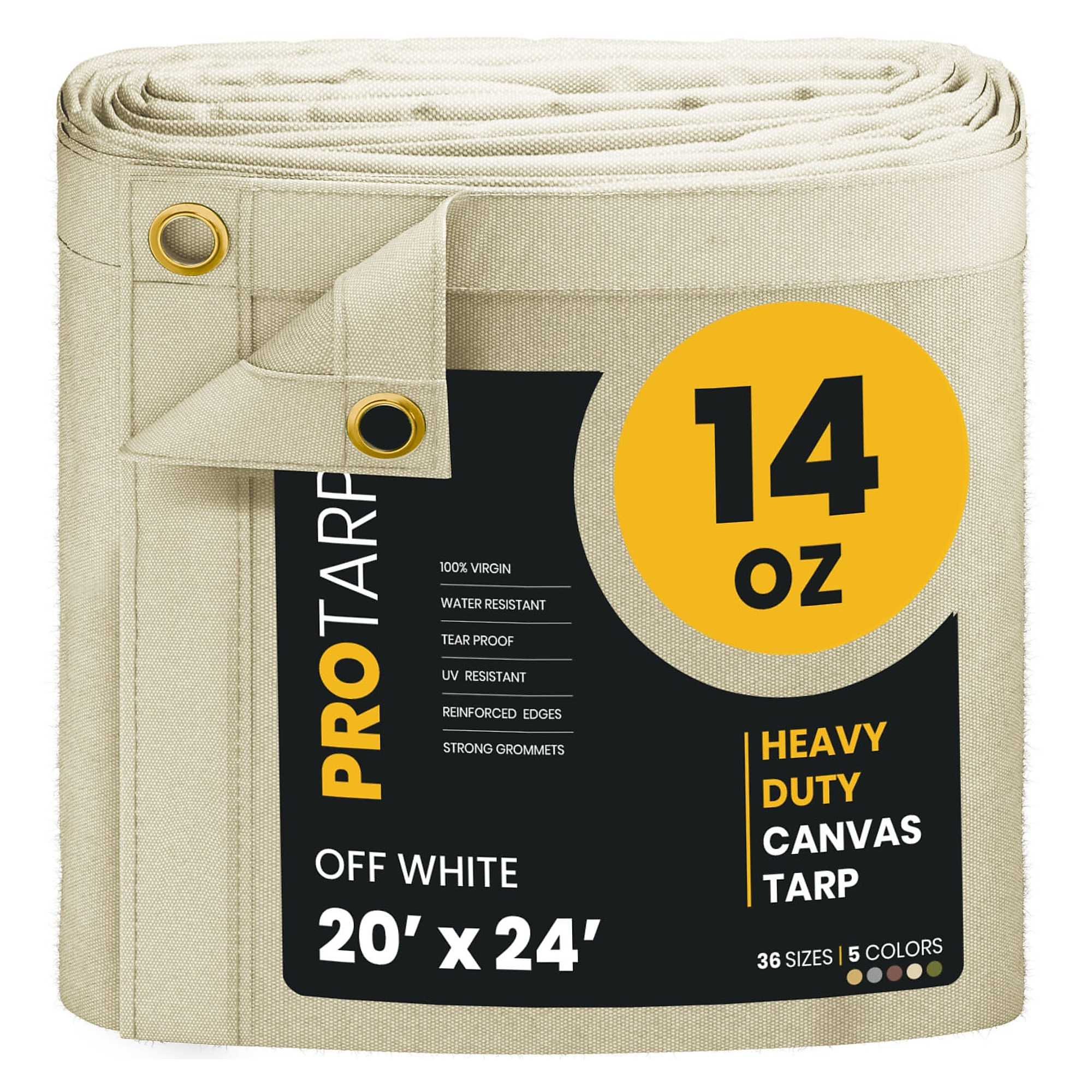 Protarp Heavy-Duty Canvas Tarp — 20ft. x 24ft., 14 Oz., Water-Resistant, UV-Resistant, Rustproof Brass Grommets, Off White, Model# PT-304-20X24